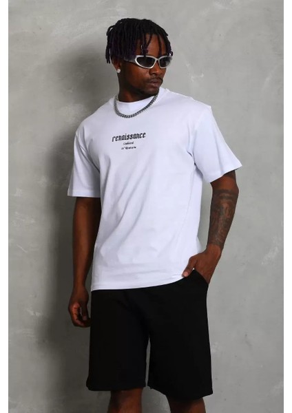 Oversize Baskılı Bisiklet Yaka T-Shirt - Beyaz modelleri
