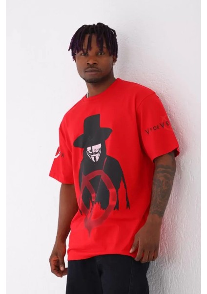 Oversize Baskılı Bisiklet Yaka T-Shirt - Kırmızı fiyatları