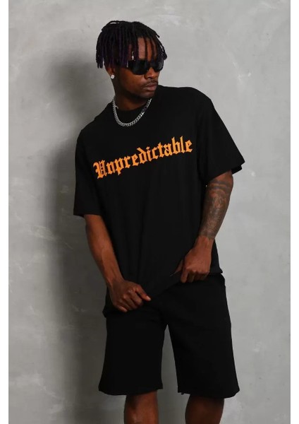 Oversize Baskılı Bisiklet Yaka T-Shirt - Siyah