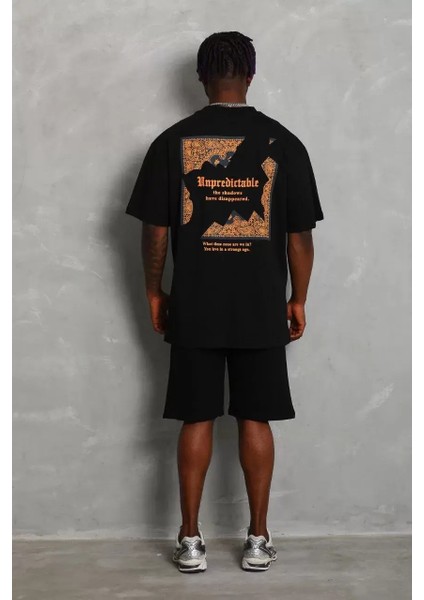 Oversize Baskılı Bisiklet Yaka T-Shirt - Siyah modelleri