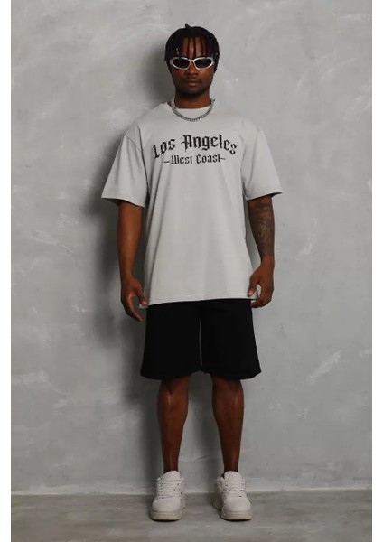 Oversize Baskılı Bisiklet Yaka T-Shirt - Gri