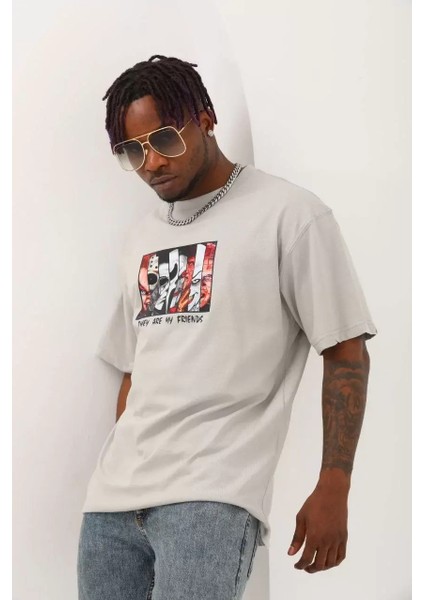 Oversize Baskılı Bisiklet Yaka T-Shirt - Gri