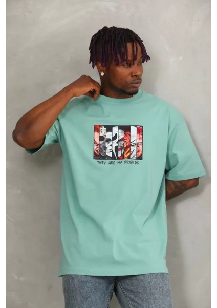 Oversize Baskılı Bisiklet Yaka T-Shirt - Mint Yeşili