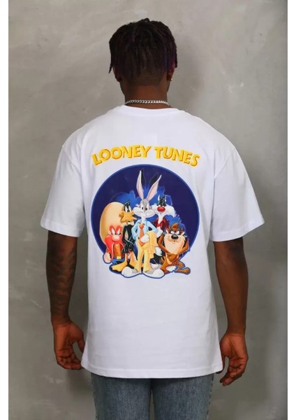 Oversize Baskılı Bisiklet Yaka T-Shirt - Beyaz indirimleri