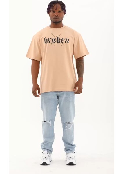 Oversize Baskılı Bisiklet Yaka T-Shirt - Bej