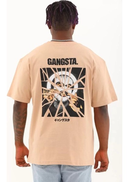 Oversize Baskılı Bisiklet Yaka T-Shirt - Bej