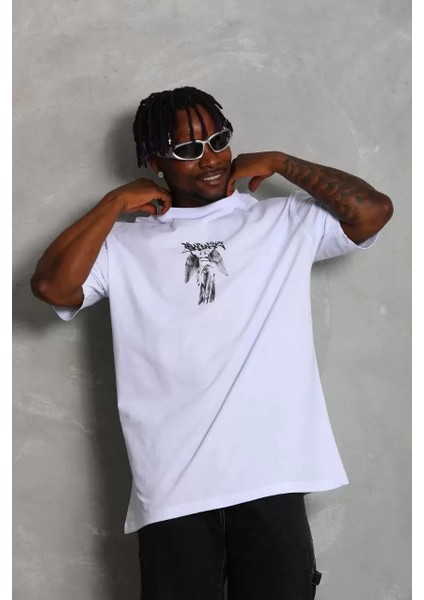 Oversize Baskılı Bisiklet Yaka T-Shirt - Beyaz