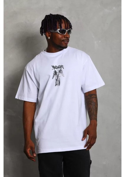 Oversize Baskılı Bisiklet Yaka T-Shirt - Beyaz fiyatları