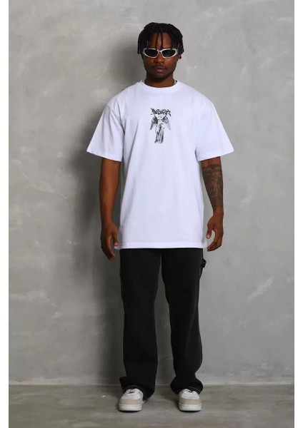 Oversize Baskılı Bisiklet Yaka T-Shirt - Beyaz modelleri