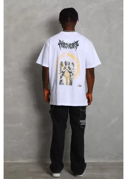 Oversize Baskılı Bisiklet Yaka T-Shirt - Beyaz fırsatları