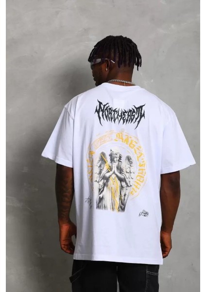 Oversize Baskılı Bisiklet Yaka T-Shirt - Beyaz indirimleri