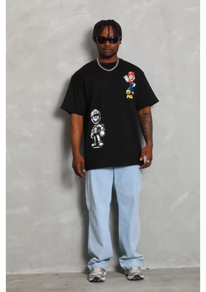 Oversize Baskılı Bisiklet Yaka T-Shirt - Siyah