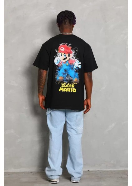 Oversize Baskılı Bisiklet Yaka T-Shirt - Siyah