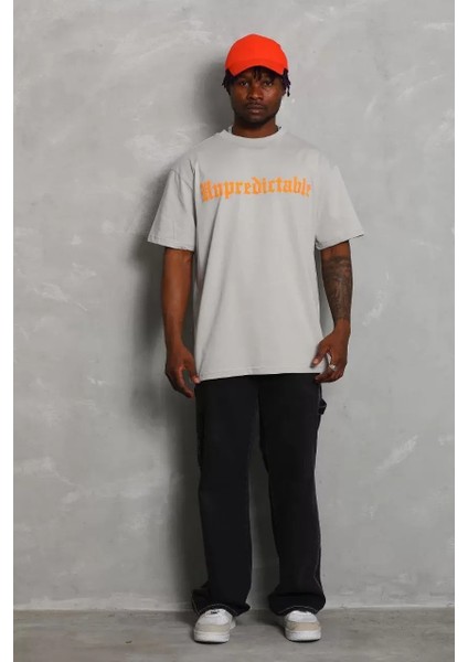Oversize Baskılı Bisiklet Yaka T-Shirt - Gri