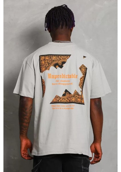 Oversize Baskılı Bisiklet Yaka T-Shirt - Gri