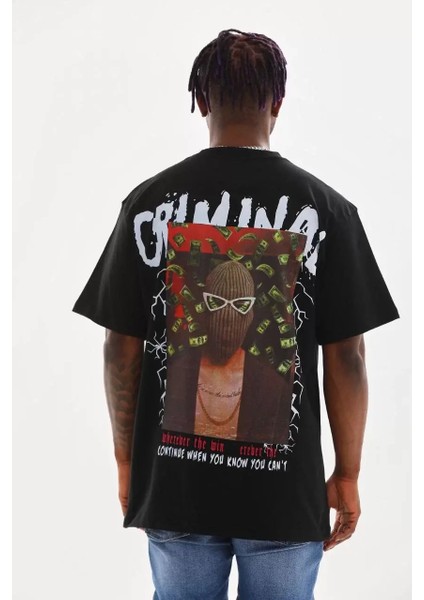 Baskılı Oversize T-Shirt - Siyah