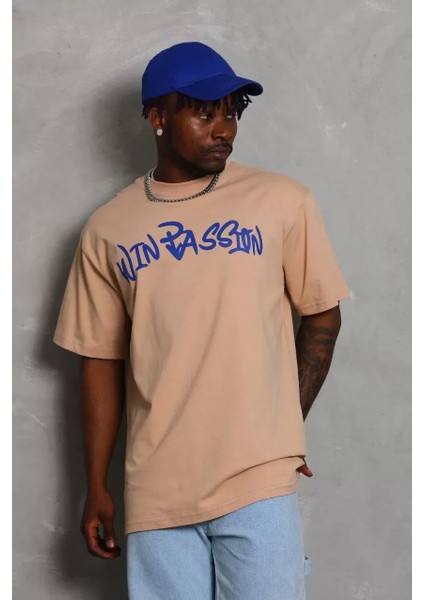Oversize Baskılı Bisiklet Yaka T-Shirt - Bej