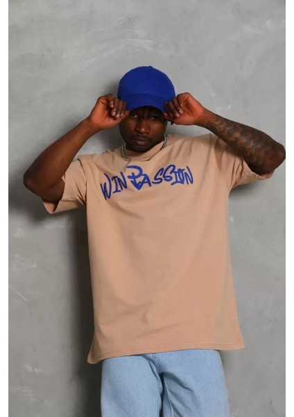 Oversize Baskılı Bisiklet Yaka T-Shirt - Bej