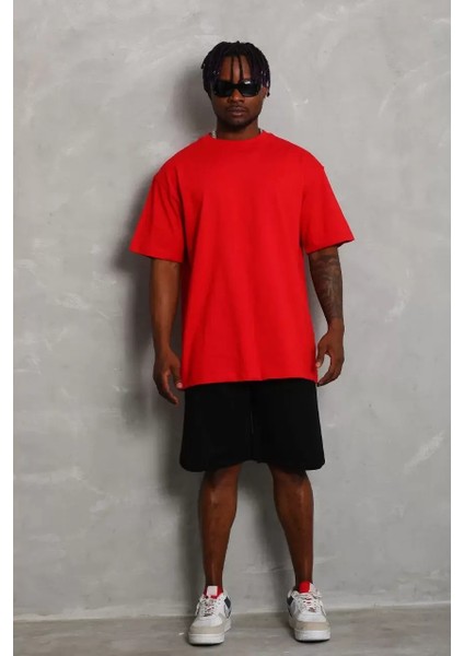 Oversize Düz Bisiklet Yaka T-Shirt - Kırmızı