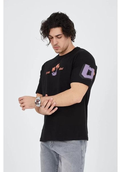 Erkek Ön ve Arka Baskılı T-Shirt - Siyah
