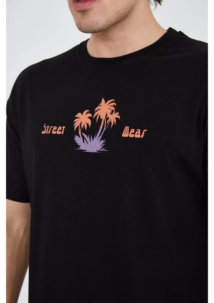 Erkek Ön ve Arka Baskılı T-Shirt - Siyah