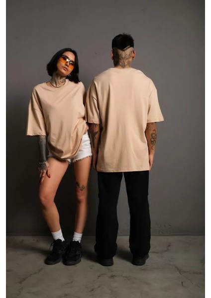 Erkek 24/1 Düz Oversize T-shirt - Bej