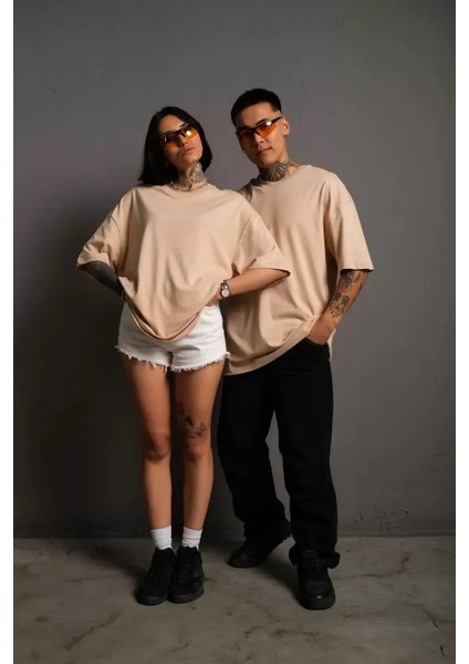 Erkek 24/1 Düz Oversize T-shirt - Bej