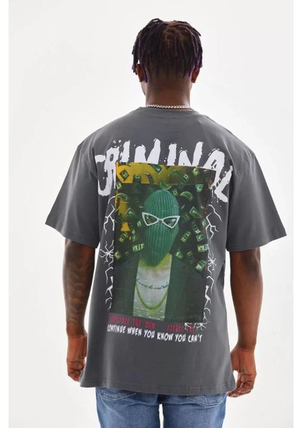Baskılı Oversize T-Shirt - Füme