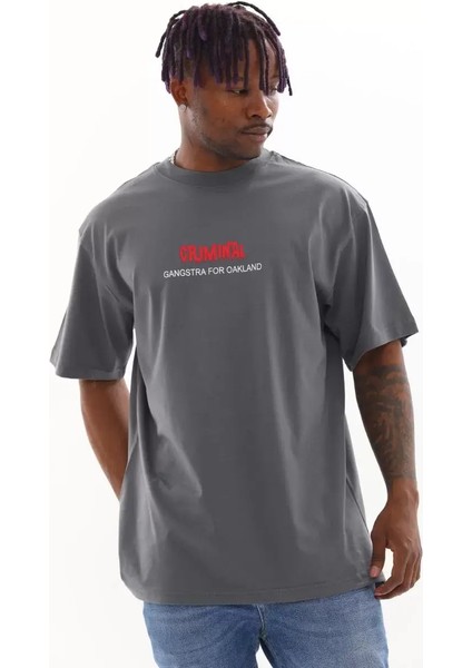 Baskılı Oversize T-Shirt - Füme