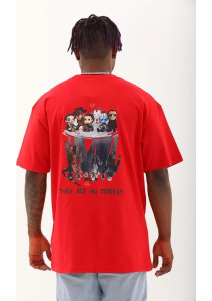 Oversize Baskılı Bisiklet Yaka T-Shirt - Kırmızı