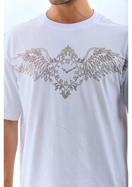 Oversize Taşlı Bisiklet Yaka T-Shirt - Beyaz
