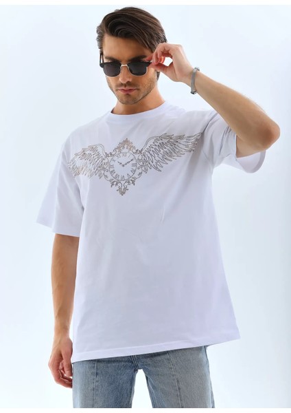 Oversize Taşlı Bisiklet Yaka T-Shirt - Beyaz indirimleri