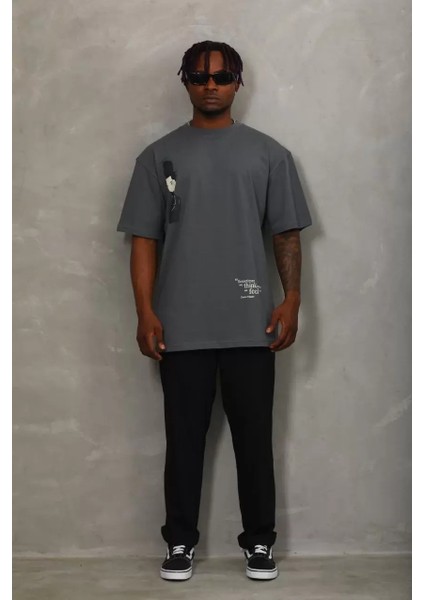 Oversize Baskılı Bisiklet Yaka T-Shirt - Füme modelleri