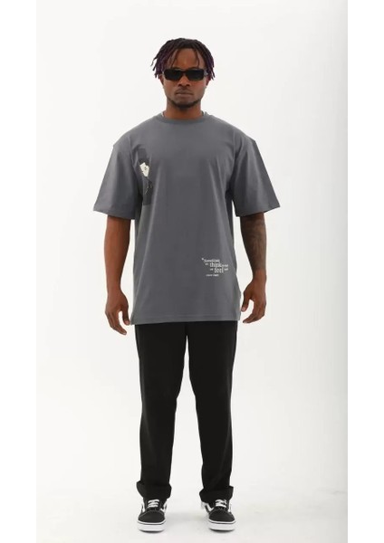 Oversize Baskılı Bisiklet Yaka T-Shirt - Füme fırsatları