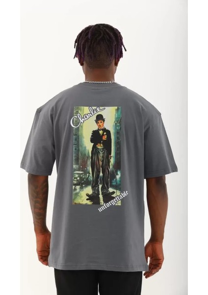 Oversize Baskılı Bisiklet Yaka T-Shirt - Füme indirimleri