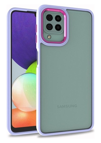 Samsung Galaxy A12 Uyumlu Kılıf Sert Silikon Renkli Şerit Tasarımlı Parlak Flora Kapak, Lila