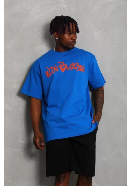 Oversize Baskılı Bisiklet Yaka T-Shirt - Mavi indirimleri
