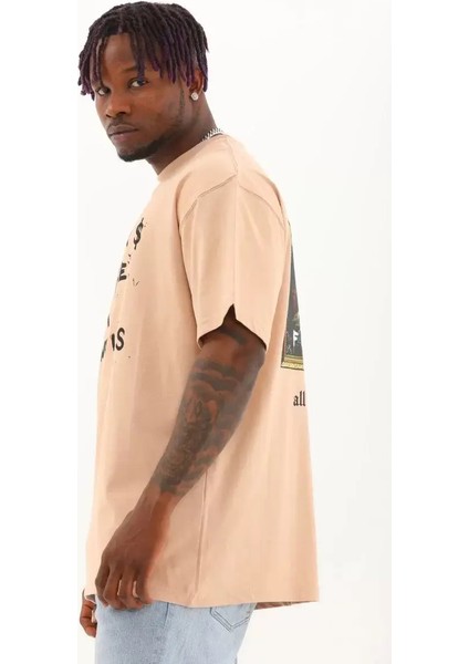 Oversize Baskılı Bisiklet Yaka T-Shirt - Bej