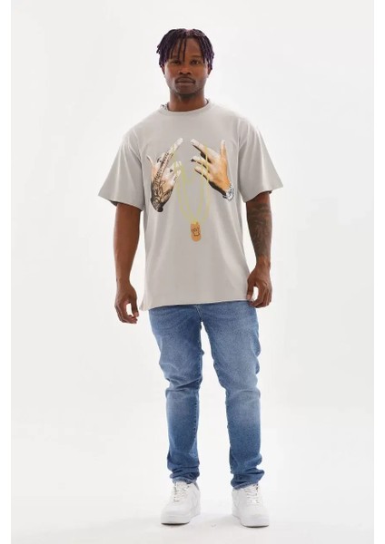 Baskılı Oversize T-Shirt - Gri