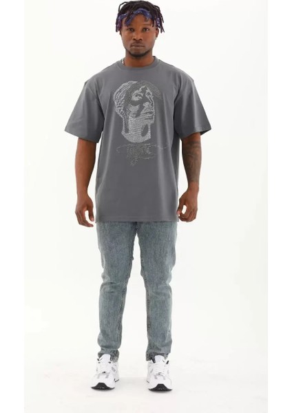 Oversize Taşlı Bisiklet Yaka T-Shirt - Füme indirimleri
