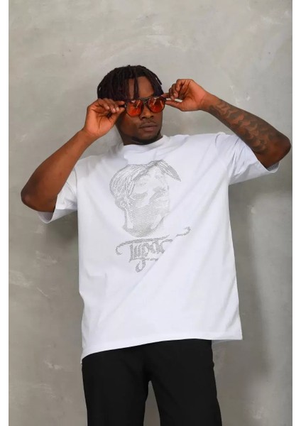 Oversize Taşlı Bisiklet Yaka T-Shirt - Beyaz