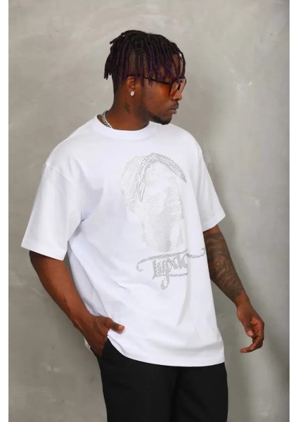Oversize Taşlı Bisiklet Yaka T-Shirt - Beyaz fiyatları