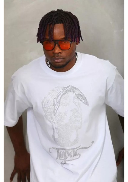 Oversize Taşlı Bisiklet Yaka T-Shirt - Beyaz modelleri