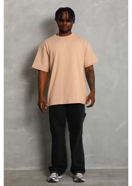 Oversize Düz Bisiklet Yaka T-Shirt - Bej