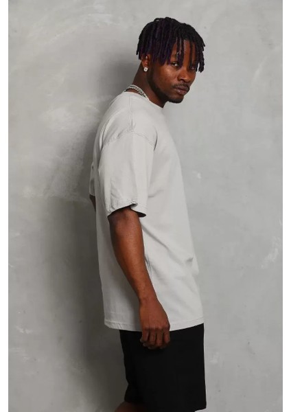 Oversize Düz Bisiklet Yaka T-Shirt - Gri