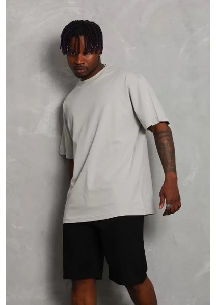 Oversize Düz Bisiklet Yaka T-Shirt - Gri