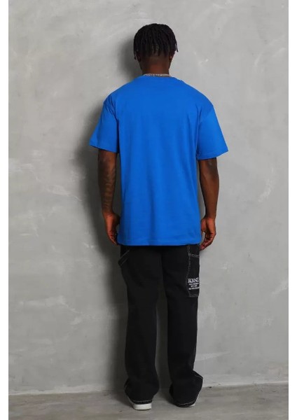 Oversize Düz Bisiklet Yaka T-Shirt - Mavi modelleri