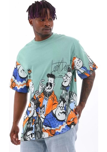 Oversize Baskılı Bisiklet Yaka T-Shirt - Mint Yeşili