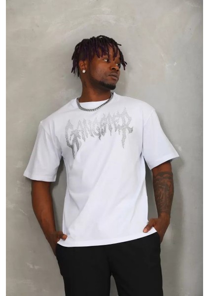 Oversize Taşlı Bisiklet Yaka T-Shirt - Beyaz