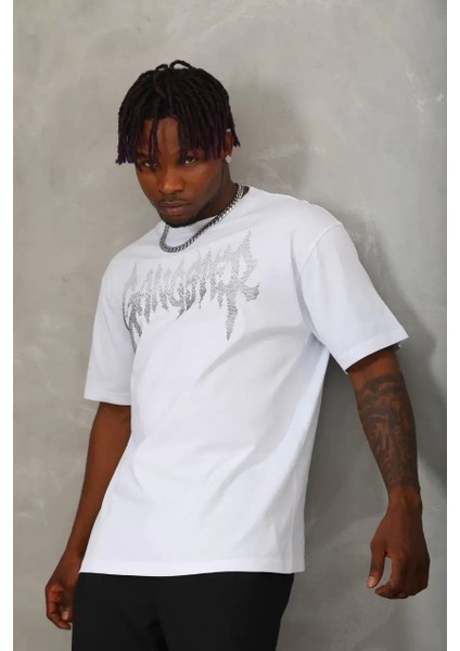 Oversize Taşlı Bisiklet Yaka T-Shirt - Beyaz fırsatları